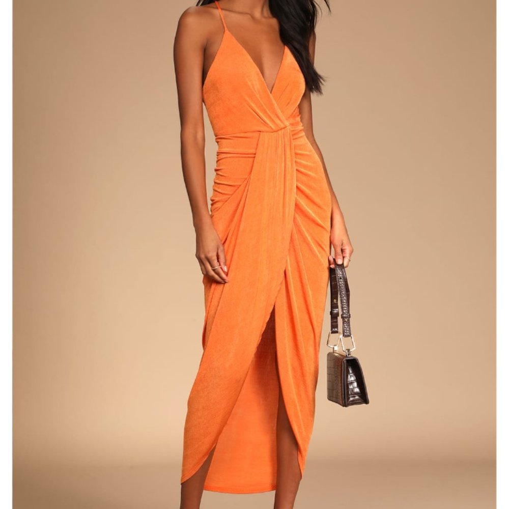 NWT Lulu's Dreamy Date Orange Surplice Midi Dress
